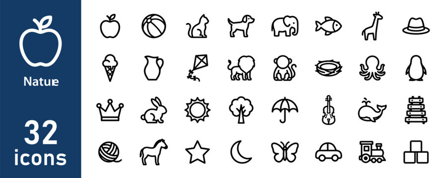 Nature and Childhood Line Icons Set for Animals, Plants, and Outdoor Objects