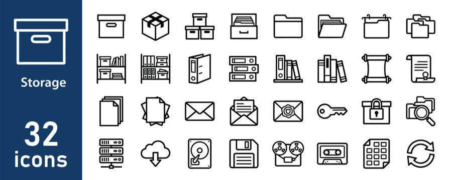 Storage Icon Set - 32 Information Management Line Icons