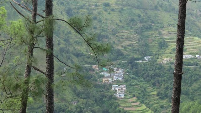 Aerial-Style Zoom Out Revealing Homes and Agricultural Terraces in Uttarakhand