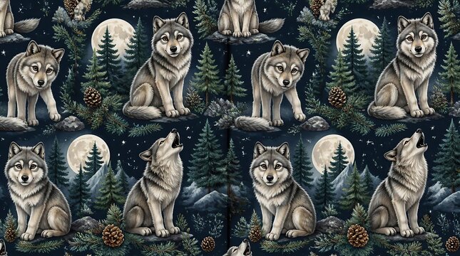 Wolf and tree fabric pattern illustration background