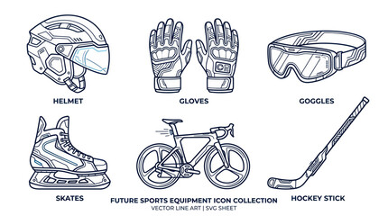 Future Sports Equipment Icons: Helmet, Gloves, Goggles, Skates, Bike, Hockey Stick © Andri