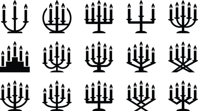 Menorah silhouette collection featuring traditional Hanukkah candelabras, Jewish holiday symbols, ceremonial candle holders, and religious icon designs
