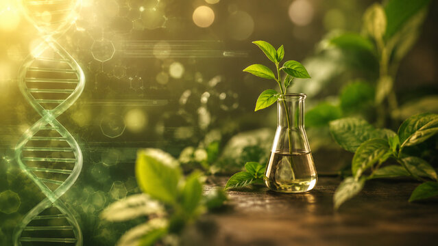 AI generated green biotechnology concept featuring plant growth laboratory flask DNA structure symbolizing sustainable science innovation genetic research bioengineering