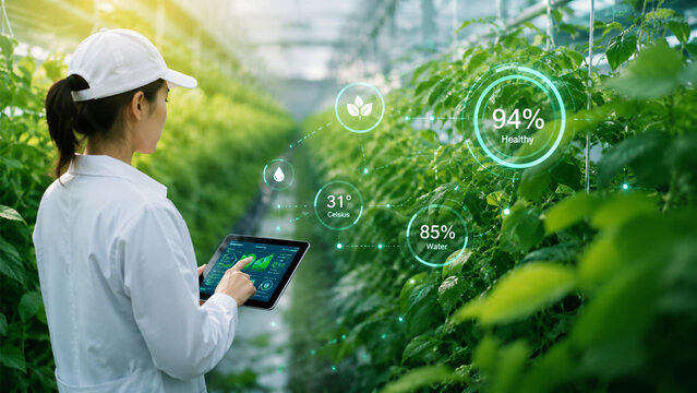 AI generated smart greenhouse agriculture digital crop monitoring environmental analytics precision farming sustainable food production technology