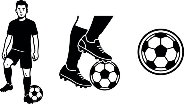 Vector black silhouette icon set featuring soccer player standing with ball active cleats kicking and ball emblem design