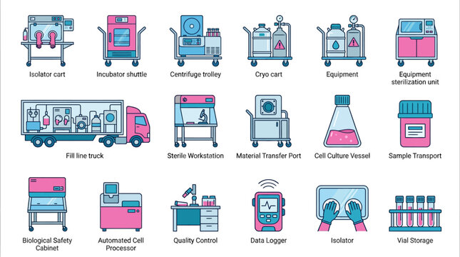 Biotechnology Lab Equipment Icons Set: Science, Research, Medical, and Pharmaceutical Tools