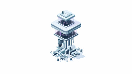A futuristic isometric tower structure stands isolated on a clean white background © Zahra