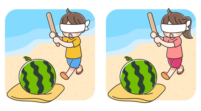 海でスイカ割りをする子どものイラスト