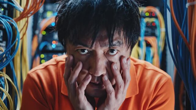 Stressed Asian male IT technician with disheveled hair and orange shirt holding face, looking at camera in a data center surrounded by tangled blue and orange network cables.