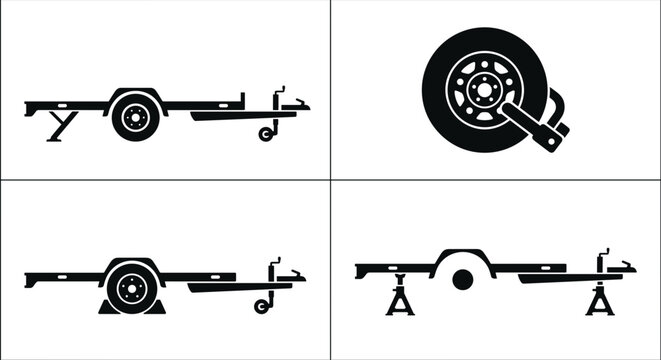 Car trailer with wheel chocks and jack stands silhouette set