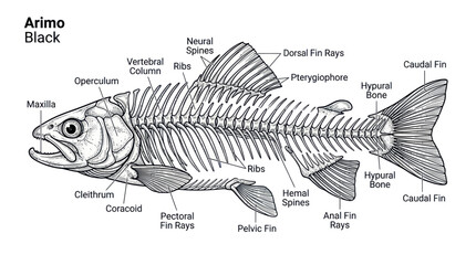 Anatomical Diagram of Fish Skeleton with Labeled Bones and Fins © Bunga