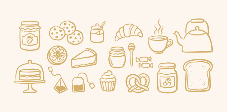 Minimalist bakery and breakfast, cafe food items hand drawn icon collection with teapot, cup, croissant, sliced bread, cupcake, cookies, honey jar and pretzel vector illustration