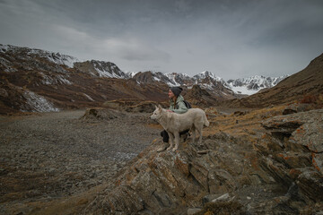 Side view of young woman sitting and petting her white dog on rocky mountain hill. Fluffy pet husky looking away in remote scenic wilderness landscape under dramatic cloudy sky. © ANDREY