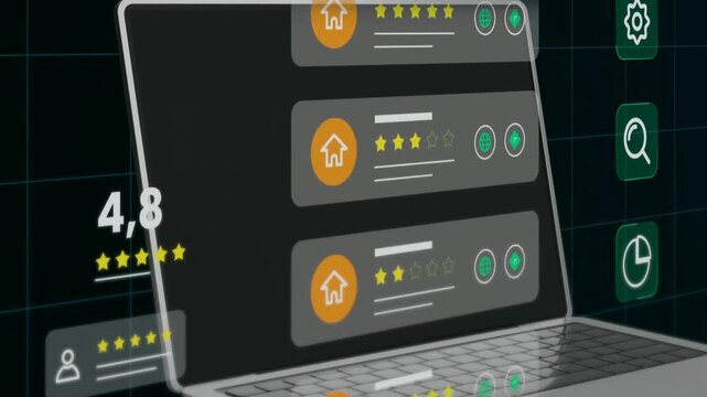 Isometric 3D laptop animation with customer reviews, rating stars, and feedback notifications.