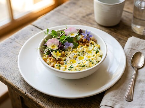 Healthy grain bowl with edible flowers on rustic table.