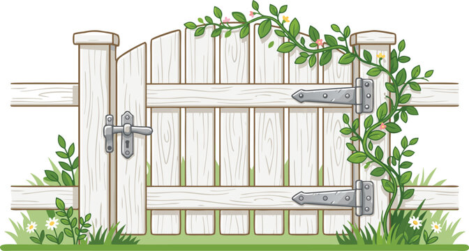 Wooden garden gate with metal hinges and latch surrounded by greenery and flowers fence wood exterior outdoor