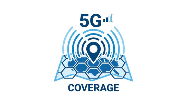 5G Network Coverage Map Icon with Location Pin and Signal Waves