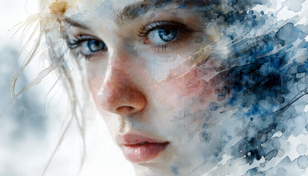 Woman face portrait in watercolor style with flowing paint effects