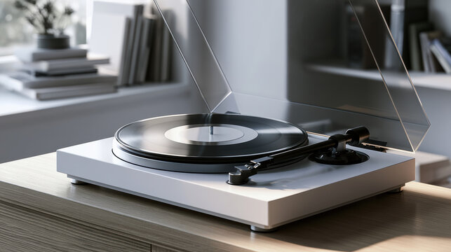 Modern turntable with vinyl record on wooden table in bright minimalist room, sunlight streaming through window, peaceful atmosphere