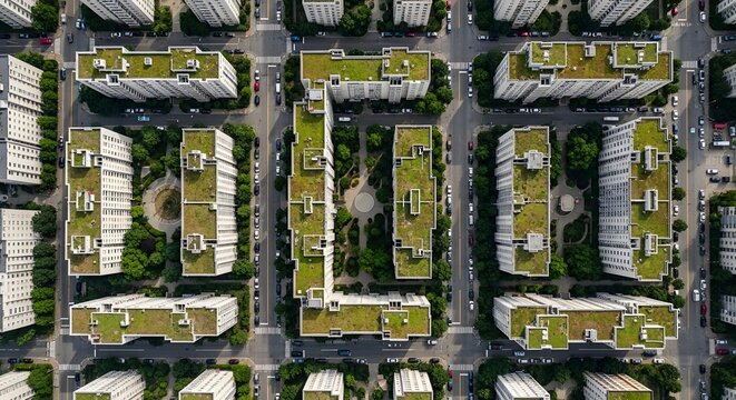 Aerial view of brutalist housing complex with green roofs in eastern europe urban planning