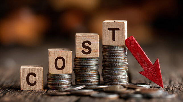 Coins arranged in ascending stacks alongside wooden blocks spelling the word cost illustrate a downward financial trend with a red arrow pointing toward the decreasing value of capital.