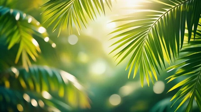 Vibrant green palm fronds framed against a soft, sunlit bokeh background. Ideal for summer, tropical vacation, and natural wellness designs.
