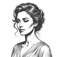 Fototapeta premium portrait of an elegant woman with a classic updo hairstyle, soft expression, and graceful vintage fashion sketch engraving generative ai vector illustration. Scratch board imitation. Black and white.