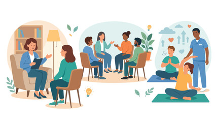 Fototapeta premium Illustration of diverse people engaging in mental health therapy and wellness activities.