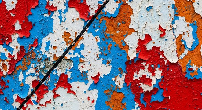 Distressed painted wall with peeling layers of red blue and orange textured surface