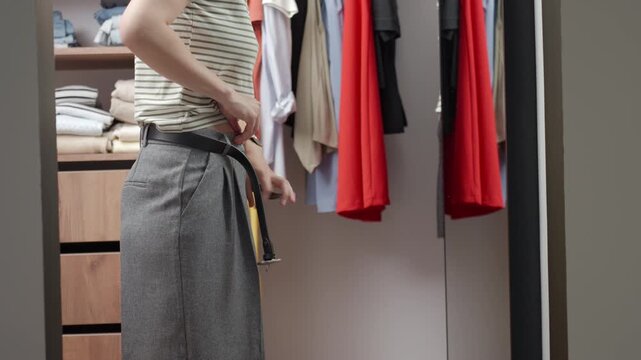 Woman gets ready for work fastening trousers and belt while standing in front of a mirror in a wardrobe. Concept of morning routine office outfit and getting dressed.