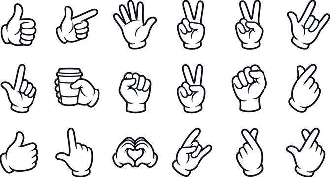 Black and white of various hand gestures and actions fingers open closed