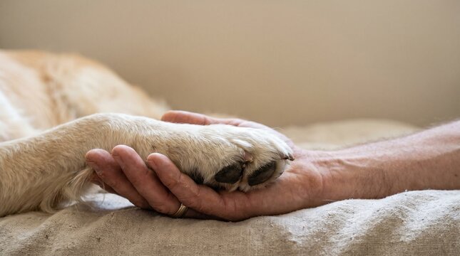 Close-up of a human hand gently holding a dog's paw, representing unconditional love, empathy, senior pet care, and emotional support