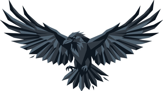 Geometric Raven Flying with Wings Spread, Polygon Art, Dark Bird Silhouette