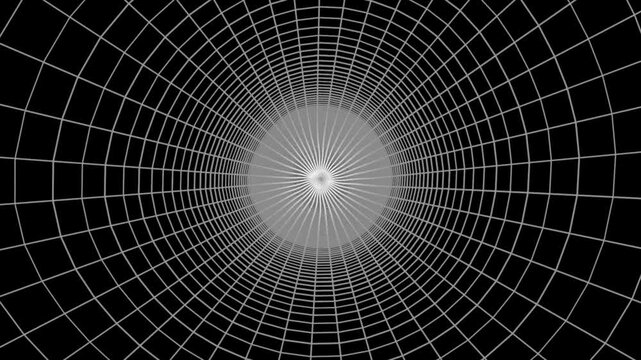 Abstract tunnel grid animation, radial wireframe vortex, futuristic digital spiral, glowing geometric web pattern, sci fi technology background, optical motion graphic design