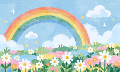 Naklejka premium a cheerful rainbow arching over a pastel colored meadow full of daisies, bright blue sky, joyful whimsical atmosphere, watercolor and painterly style