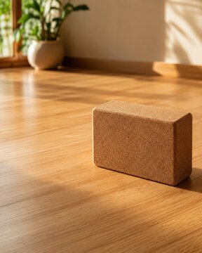 Calm yoga studio with cork block professional product photo with clean styling natural light premium detail and minimal composition for clean design and advertising
