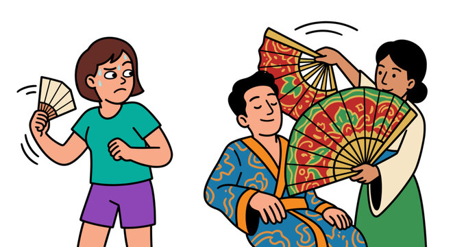 Jealous woman sweating while looking at a pampered man with fans