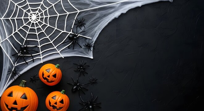 Halloween decorations spooky jack o' lanterns spiderwebs and black spiders festive october scene