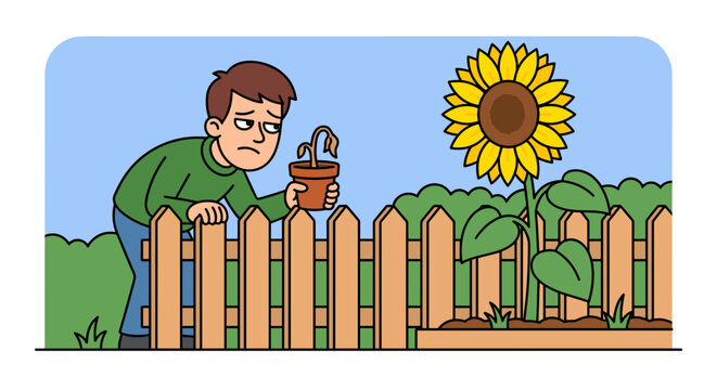 Jealous man with wilted plant looking at vibrant sunflower over fence