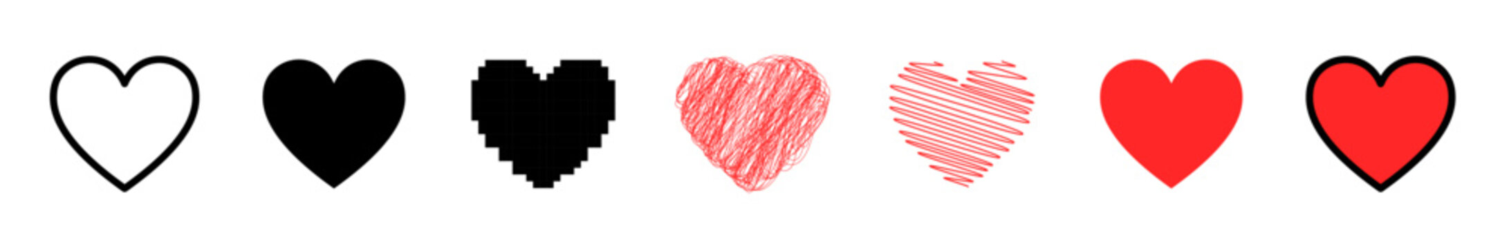 heart shapes vector collection. set of heart shapes in different style variants like hand drawn scribble and bold color fill for user interface reaction button