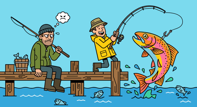 Fisherman feeling jealous as his friend catches a huge colorful trout