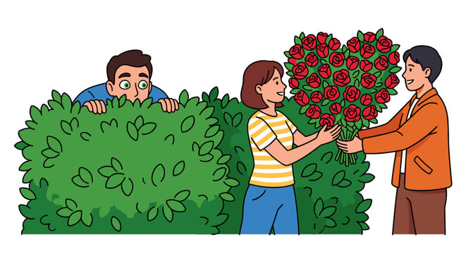 Man feeling jealous watching happy couple with rose bouquet