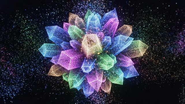 Colorful glowing crystal formation emerging from abstract light particles