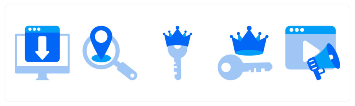 A set of 5 monochrome icons as domain, web hosting, content setting
