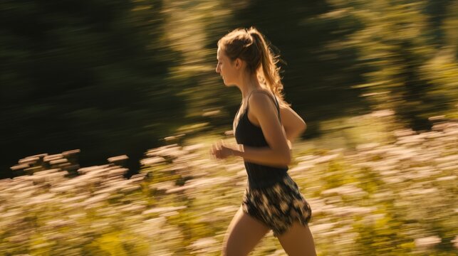 French countryside girl running through a meadow, subject in sharp focus while the surrounding environment is blurred with frame-skipping motion blur effect, dreamy soft focus