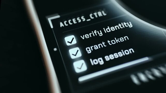 Three checked steps Verify Identity, Grant Token and Log Session, flow of an Access Control and authentication system