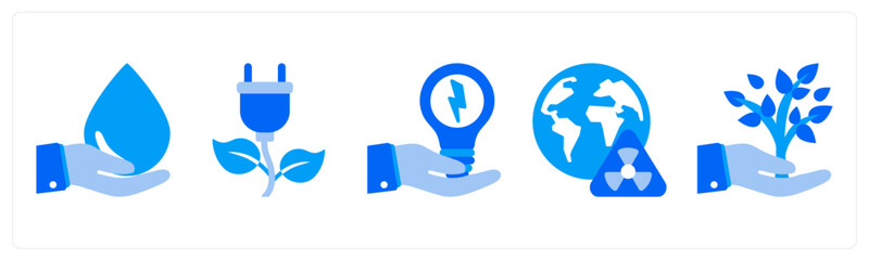 A set of 5 monochrome icons as hydropwer, wind turbine, smart grid © popcornarts