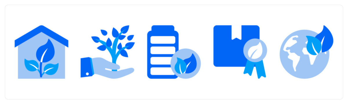 A set of 5 monochrome icons as sustainability, eco friendly, hydropower