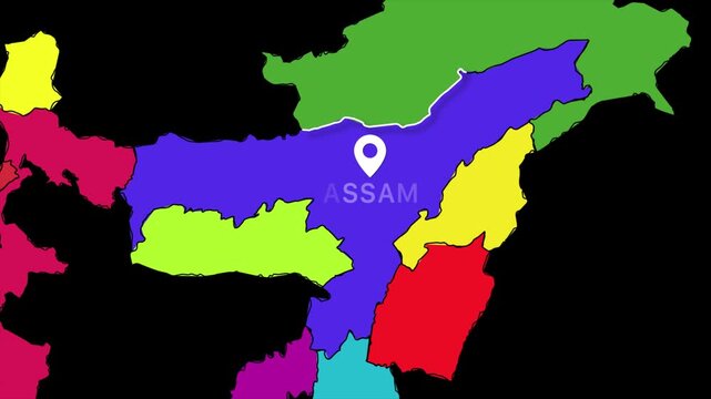 Assam map animation, India state location marker, northeast political map highlight, Indian geography border outline, regional territory graphic, colorful administrative map