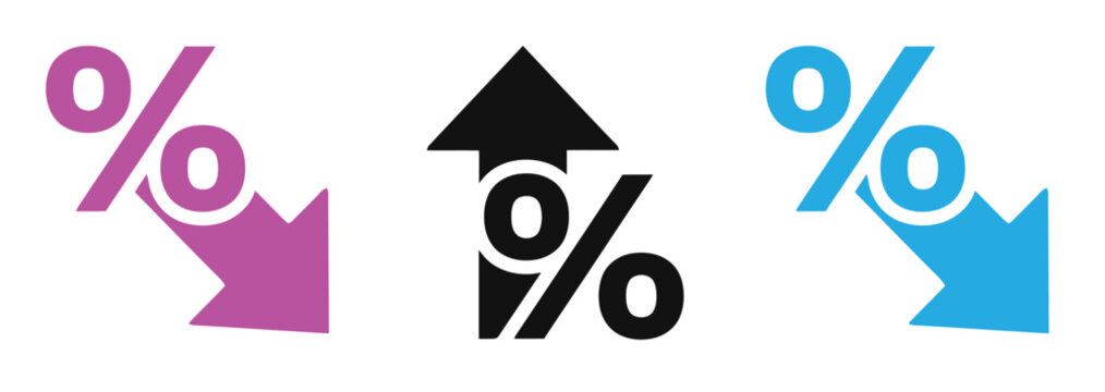 Percentage change icons set with up and down arrows in pink, Black, And blue vector .